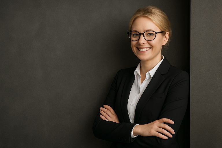 Profesjonalna kobieta w okularach, uśmiechnięta, ubrana w garnitur – ilustracja do artykułu o nowych zasadach rekrutacji w 2025 roku.