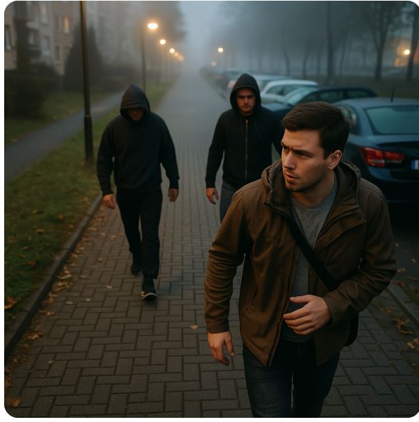 Mężczyzna wracający z nocnej zmiany idzie chodnikiem, zbliżają się do niego dwaj mężczyźni – scena napięcia przed napaścią w drodze z pracy.