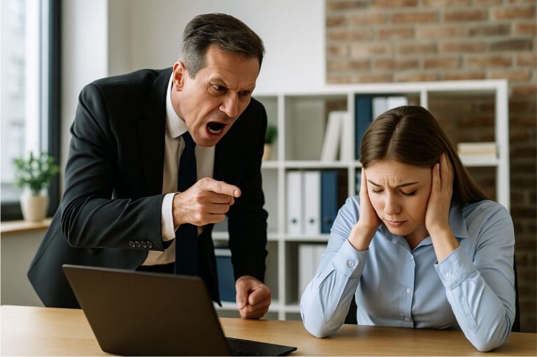 Przełożony krzyczy na pracownicę – przykład mobbingu i przemocy psychicznej w miejscu pracy