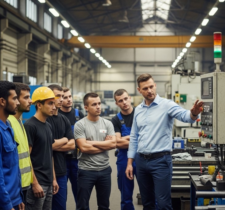 Grupa pracowników cudzoziemskich na szkoleniu BHP w hali produkcyjnej