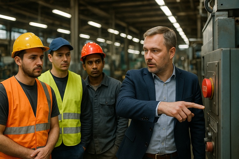 Instruktor BHP prowadzi szkolenie dla pracowników cudzoziemskich w zakładzie przemysłowym

