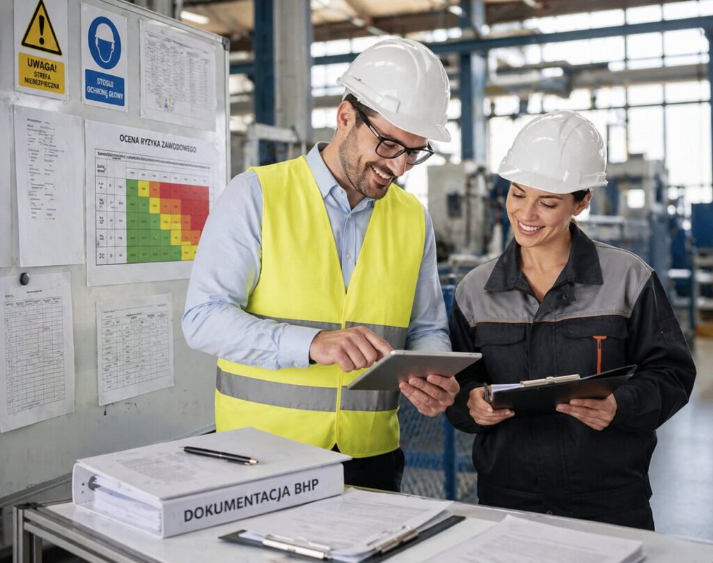 Ekspert BHP omawia dokumentację BHP z pracownicą podczas audytu na hali produkcyjnej