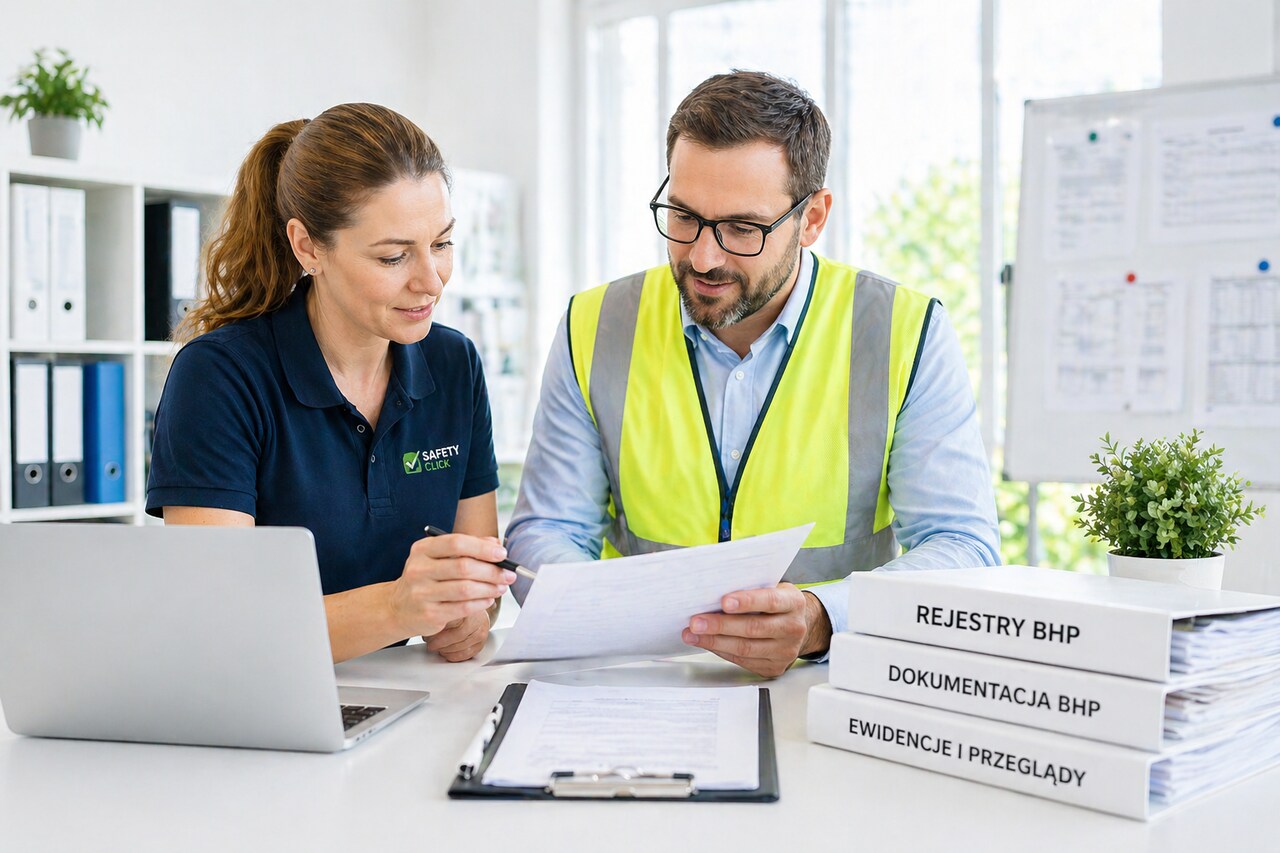 Ekspert BHP omawia dokumentację BHP i rejestry z klientką podczas spotkania w biurze