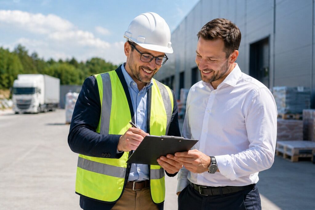 Ekspert BHP omawia dokumentację i checklistę z klientem przed magazynem firmy logistycznej