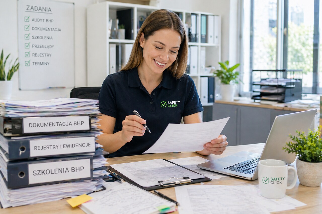 Specjalistka Safety Click pracuje nad dokumentacją BHP i rejestrami firmy w nowoczesnym biurze
