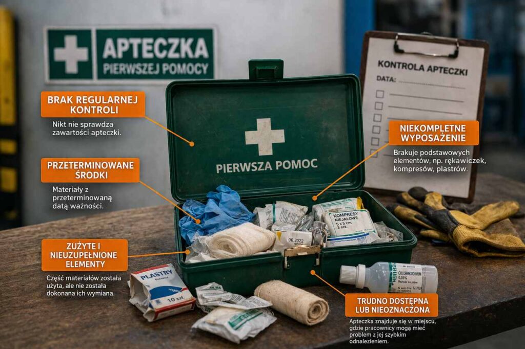 apteczka pierwszej pomocy w zakładzie pracy z przeterminowanymi środkami i brakami w wyposażeniu bhp