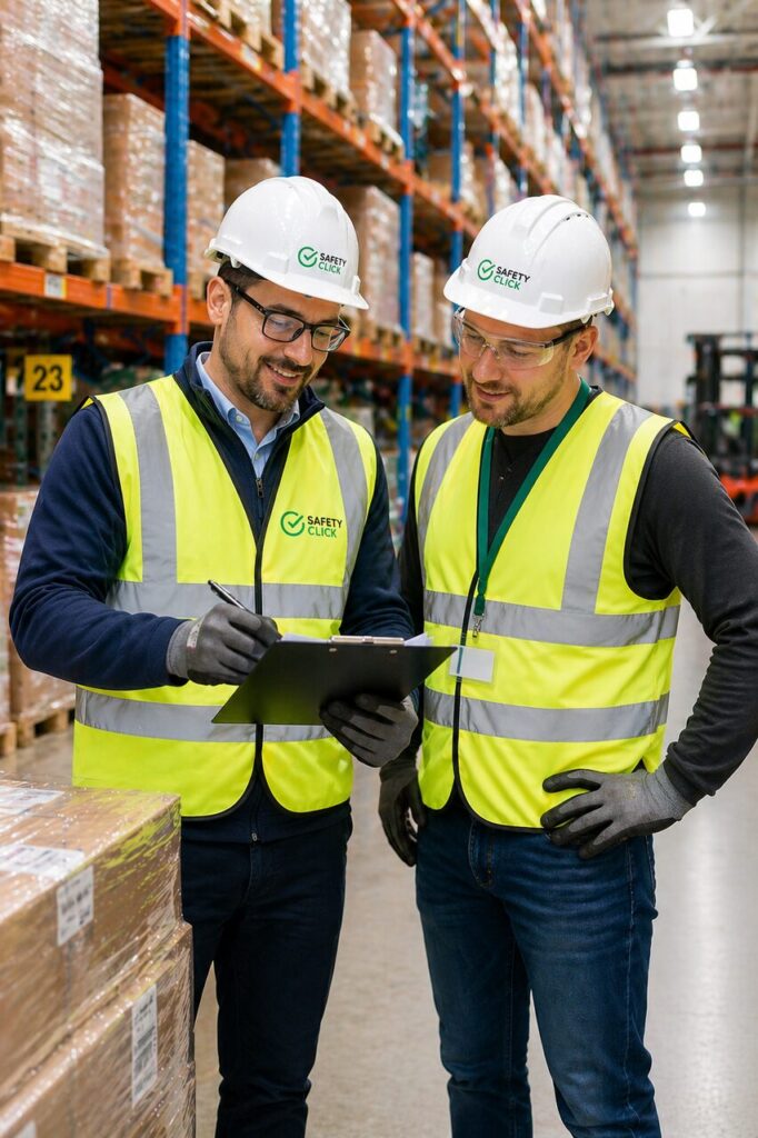 Ekspert Safety Click omawia checklistę BHP z pracownikiem magazynu podczas wizyty w centrum logistycznym