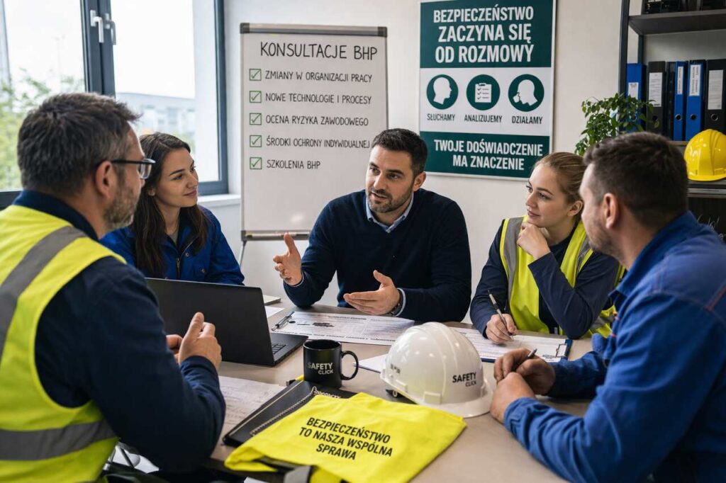 ocena ryzyka zawodowego omawiana podczas konsultacji bhp z pracownikami w firmie