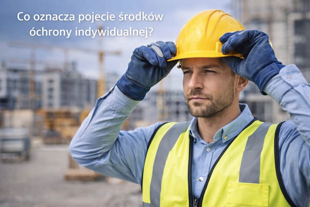 Budowlaniec w kasku i rękawicach jako przykład środków ochrony indywidualnej