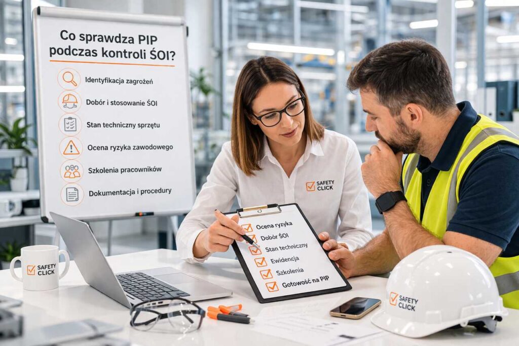 Specjalistka BHP omawia z pracownikiem, co sprawdza PIP podczas kontroli środków ochrony indywidualnej