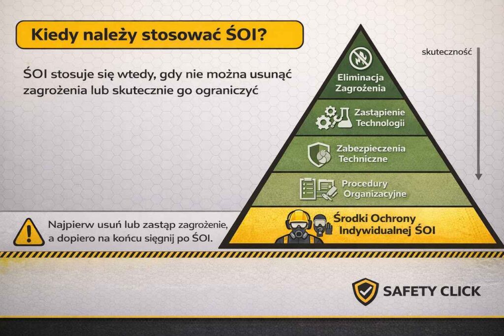 Infografika przedstawiająca piramidę hierarchii zabezpieczeń BHP pokazującą, kiedy należy stosować środki ochrony indywidualnej ŚOI. Najpierw eliminacja zagrożenia, zastąpienie technologii, zabezpieczenia techniczne i procedury organizacyjne, a ŚOI jako ostatni etap.