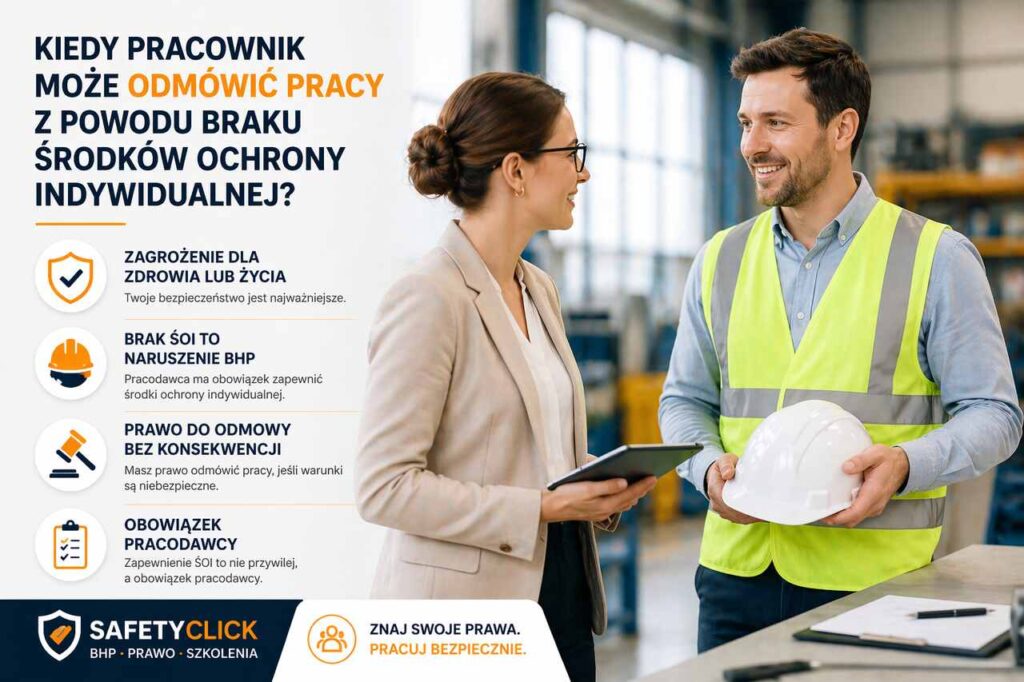 Kiedy pracownik może odmówić pracy z powodu braku środków ochrony indywidualnej – kask i kamizelka BHP