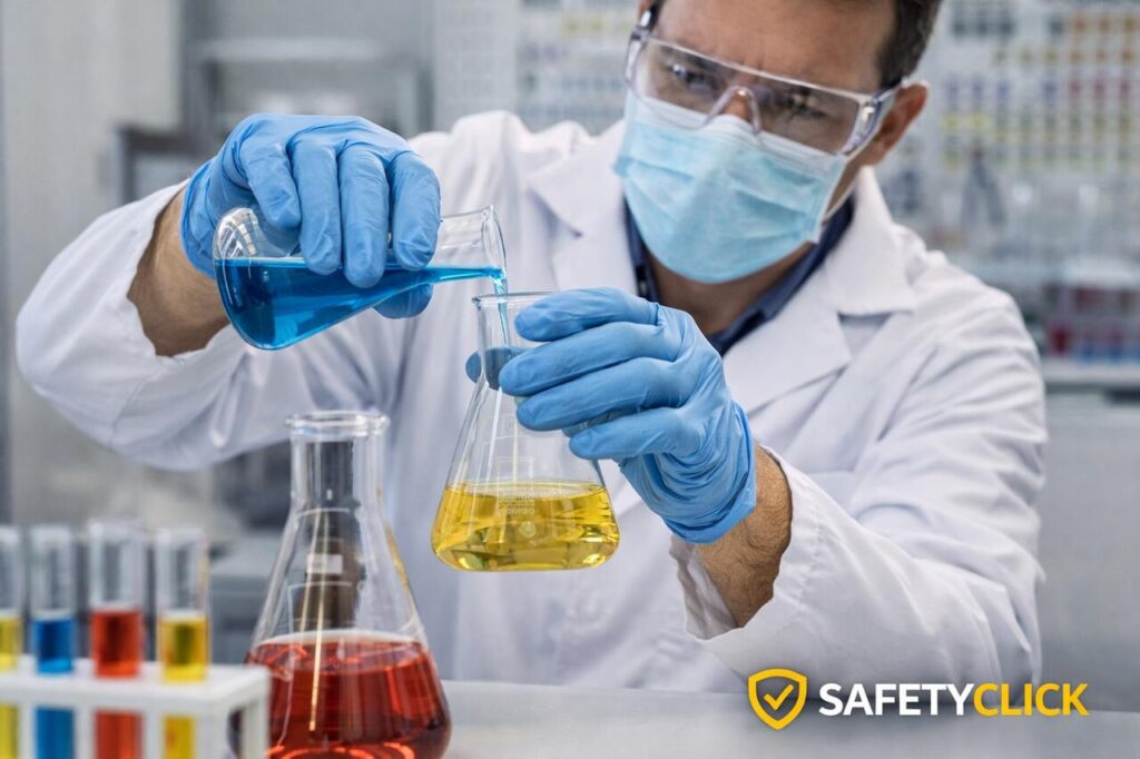 Laborant pracujący z substancjami chemicznymi w laboratorium w środkach ochrony indywidualnej