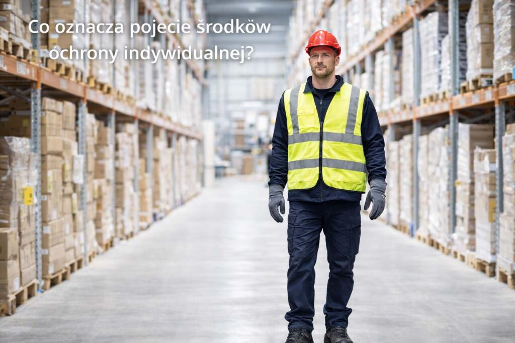 Magazynier w kamizelce ostrzegawczej i kasku ochronnym w hali magazynowej – środki ochrony indywidualnej