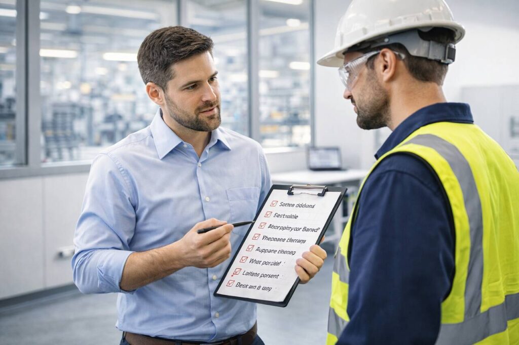 Specjalista BHP omawia z pracownikiem najczęstsze błędy firm przy stosowaniu środków ochrony indywidualnej