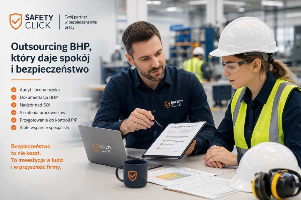 Specjaliści Safety Click omawiają outsourcing BHP dla firm oraz wsparcie w zakresie dokumentacji i kontroli PIP