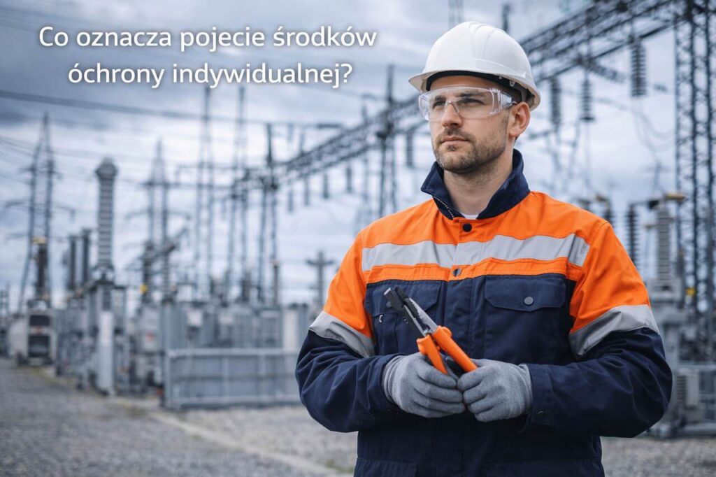 Pracownik energetyki i elektryki w kasku oraz okularach jako przykład środków ochrony indywidualnej