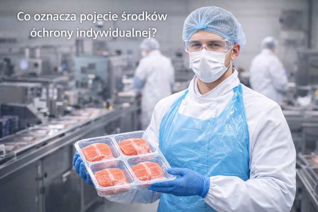 Pracownik gastronomii i przemysłu spożywczego w czepku, masce i rękawicach jako przykład środków ochrony indywidualnej