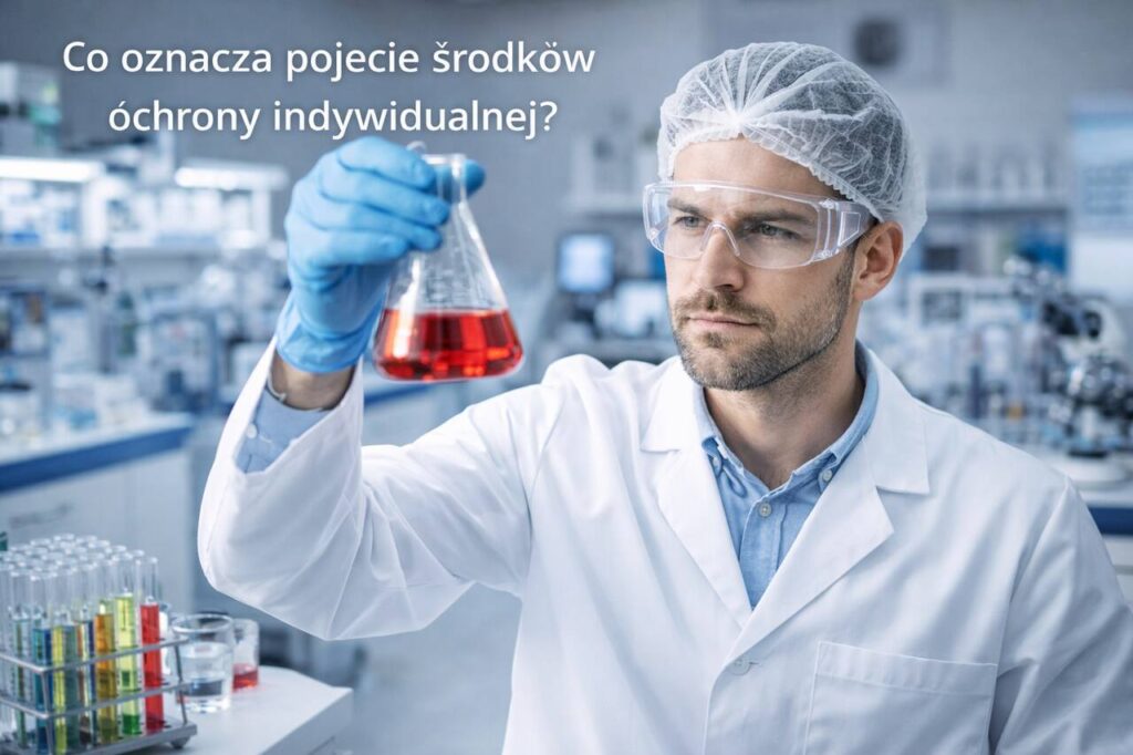 Pracownik laboratorium chemicznego w okularach i rękawicach jako przykład środków ochrony indywidualnej