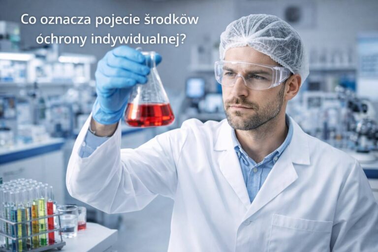 Pracownik laboratorium chemicznego w okularach i rękawicach jako przykład środków ochrony indywidualnej