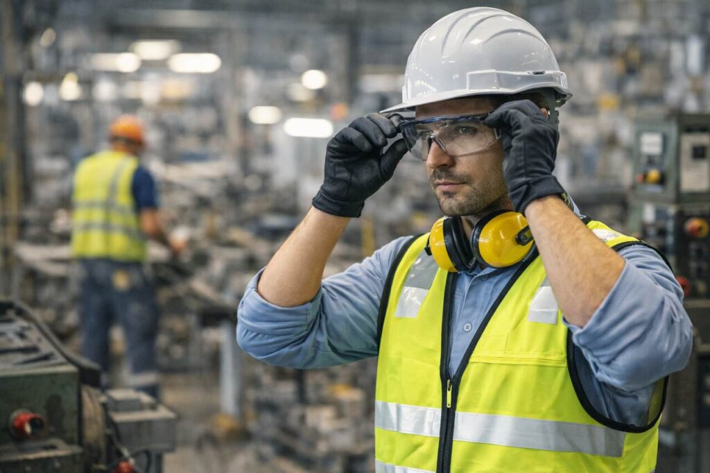 Pracownik zakłada okulary ochronne i środki ochrony indywidualnej na hali produkcyjnej