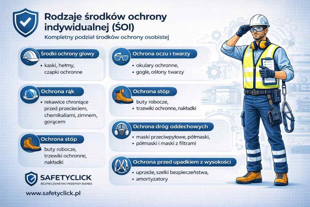 Rodzaje środków ochrony indywidualnej ŚOI – podział kaski okulary rękawice buty ochronne