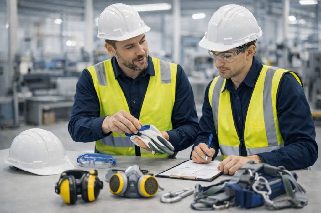 Rodzaje środków ochrony indywidualnej ŚOI – pracownicy omawiają kaski rękawice okulary i sprzęt ochronny