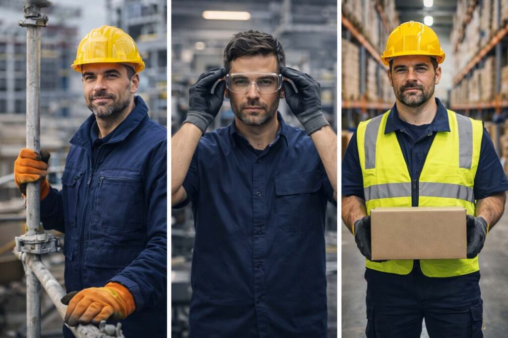 Pracownicy budowy, hali produkcyjnej i magazynu stosują środki ochrony indywidualnej podczas pracy